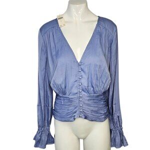 Anthropologie Womens Smocked Button Front V-Neck Cinched Sleeve Size Small